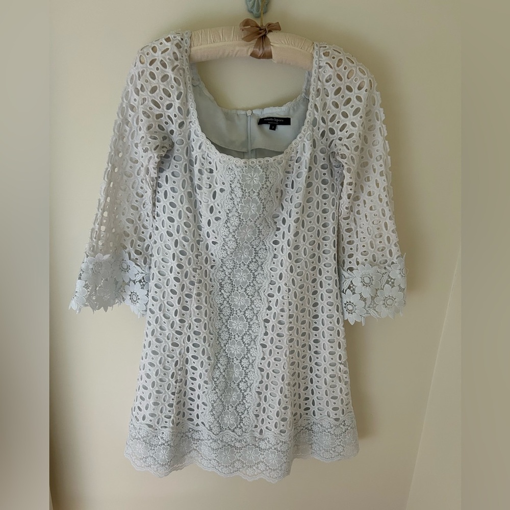 Nanette Lepore “Eye Candy” Eyelet and Lace Mini Dress 
Size: 2
EUC